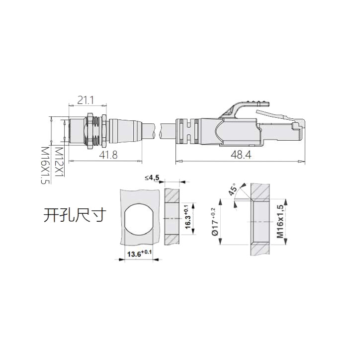 M12 4Pin D-coded、板面法蘭母頭轉(zhuǎn)RJ45公頭直型、雙端預(yù)鑄PVC非柔性電纜、帶屏蔽、黃色護套、0C4228-XXX